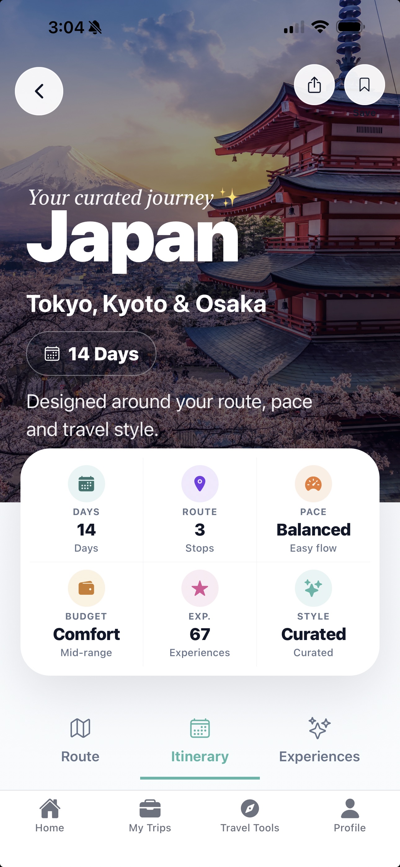 TRIPLR Build — curated Japan journey overview with trip summary
