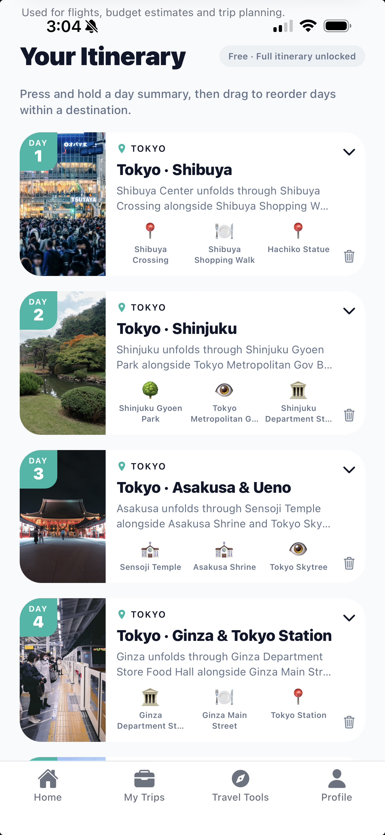 TRIPLR Plan — Your Itinerary day-by-day Tokyo schedule